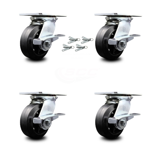 Service Caster 5 Inch Rubber on Steel Caster Set with Roller Bearings and Brakes/Swivel Locks SCC-35S520-RSR-SLB-BSL-4 - main